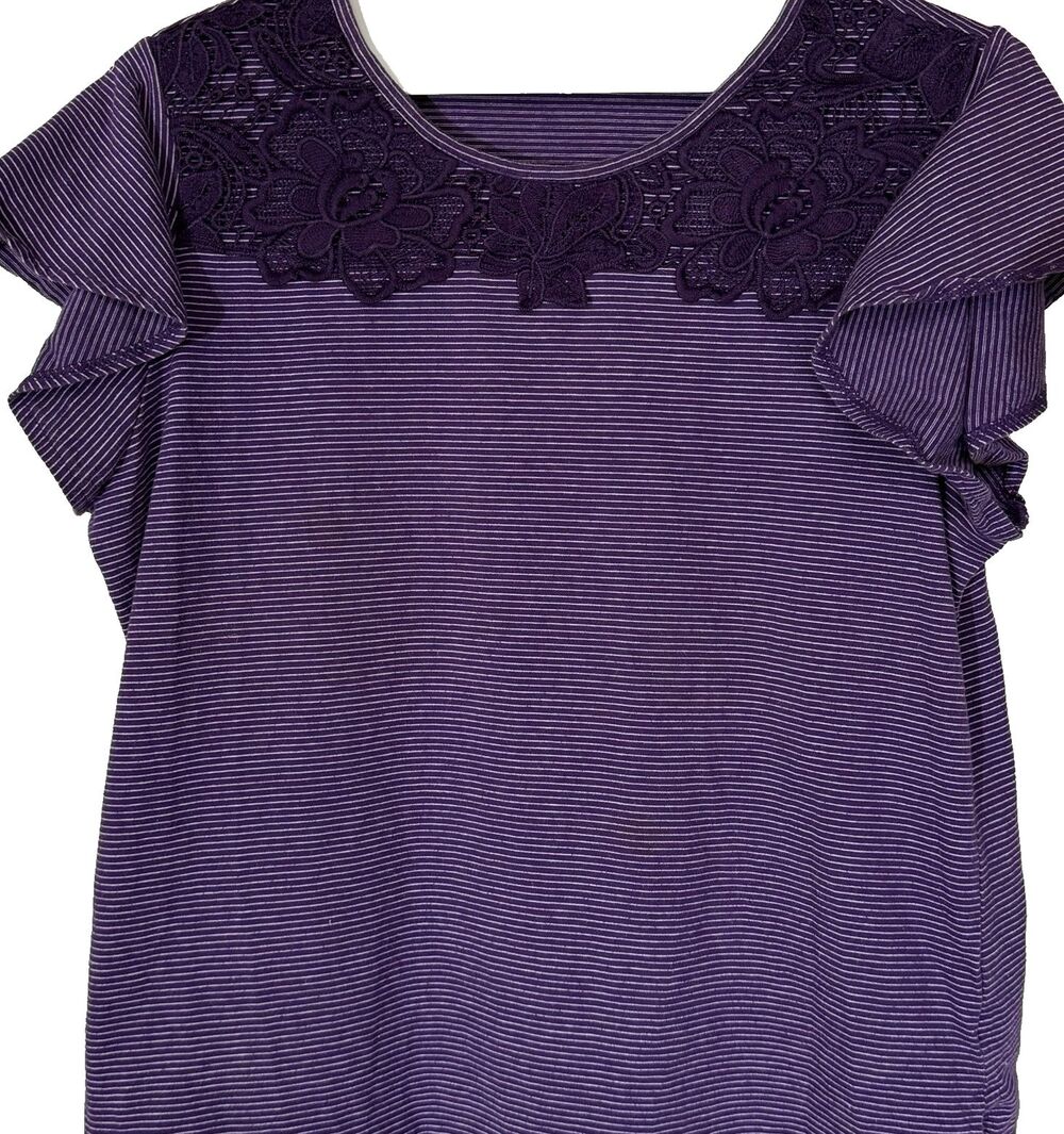 Laura Scott Womens XL Purple Striped Crochet Trim Blouse Ruffle Short Sleeve Top